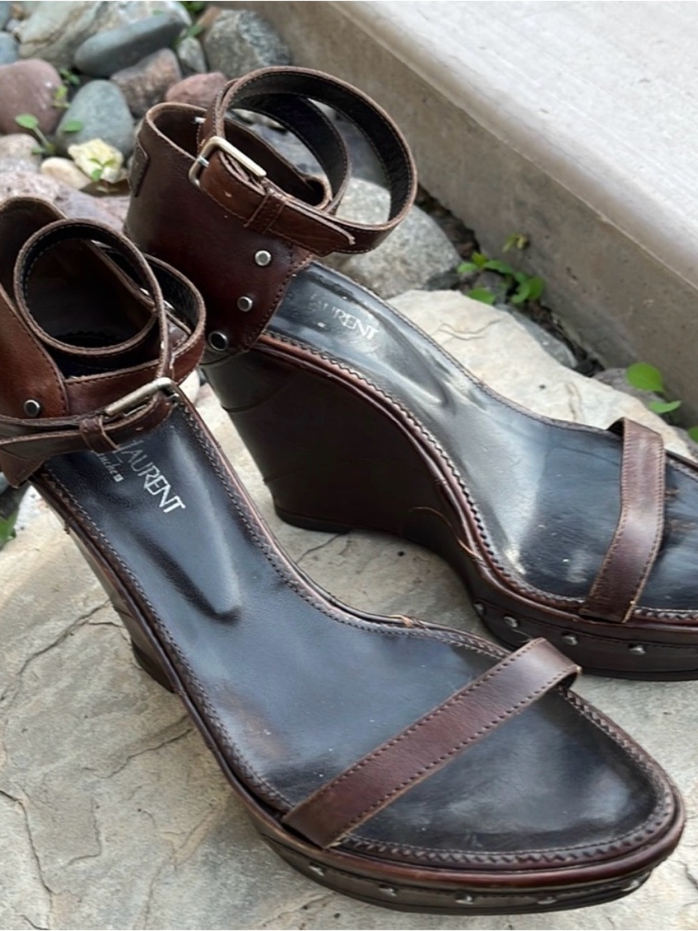 Saint Laurent Brown Leather Ankle-Strap Wedge Sandals